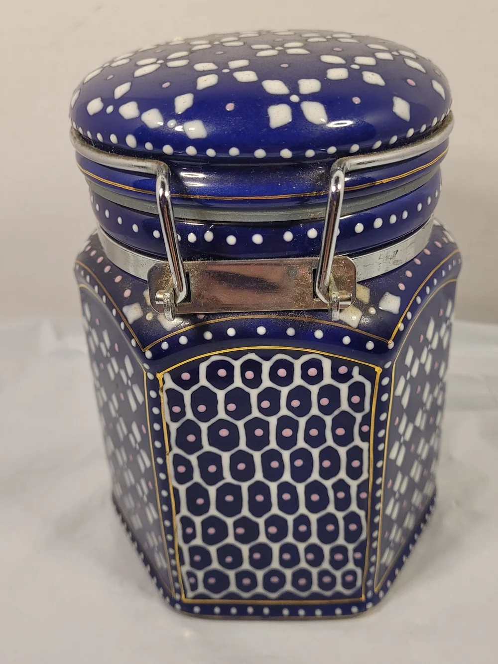 Vintage Pier 1 Imports Canister Moroccan Cobalt Blue &White Ceramic Latch (W)